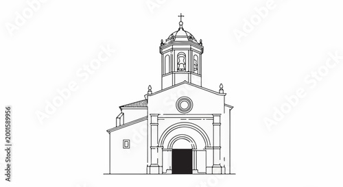 Black and white line drawing of a church facade with a dome and bell tower