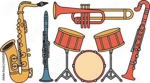 Musical instrument set including golden saxophone clarinet brass trumpet and drum kit collection isolated on transparent surface.