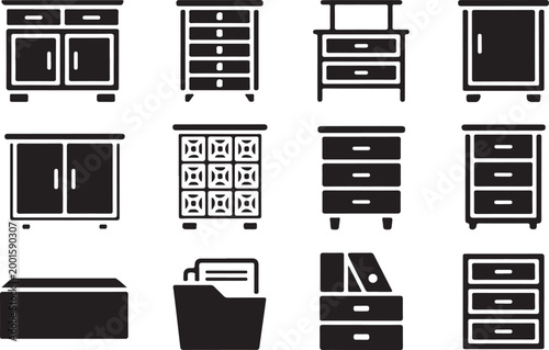 Office furniture and storage icons set showing cabinets drawers and file folders representing professional workspace organization.
