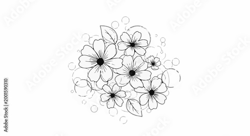 Black and white sketch of a bouquet of delicate flowers with circular accents
