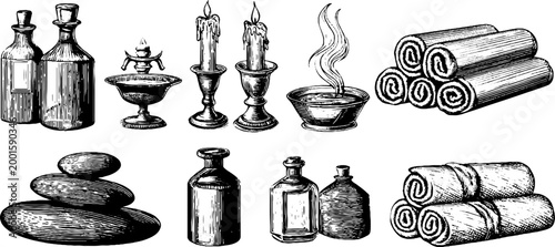 Spa objects and aromatherapy items arranged on white surface