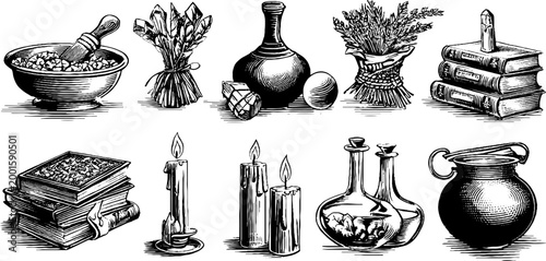 Mortar candles and bottles displayed on white background