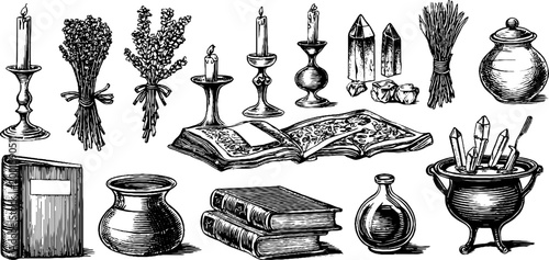 Candles herbs and books arranged on white background