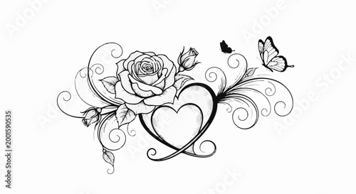 Black and white sketch of a rose, hearts, and butterflies with swirling designs