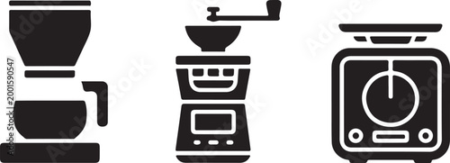 Black silhouette icons of coffee making appliances including drip coffee maker coffee grinder and kitchen scale for brewing.