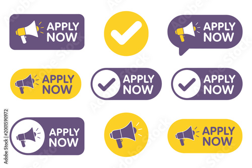 Apply Now Bold Call-to-Action Graphic Design Set, Modern CTA Buttons with Stylized Speech Bubble Shapes in Purple, Yellow and White, Playful Promotional UI Elements for Web, Apps and Marketing