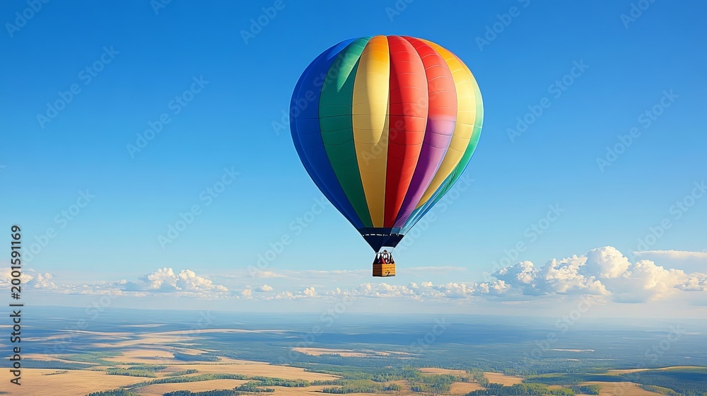 Obraz premium Colorful Hot Air Balloon Floating Over Scenic Landscape, Representing Adventure, Freedom, and Travel