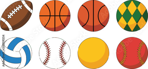 Collection of sports balls including football basketball baseball volleyball and more displayed on transparent background.