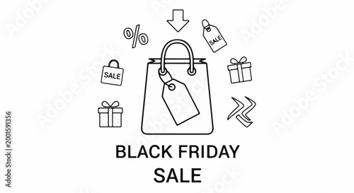 Black Friday sale shopping bag with discounts and gift icons