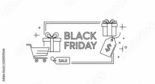 Black Friday sale promotion with shopping cart, gift boxes, and price tags