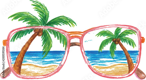 Pink sunglasses reflecting palm trees and beach scene, summer vacation view.