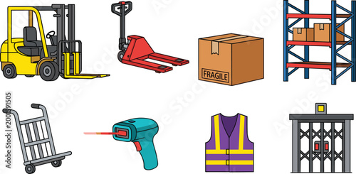 Warehouse and Logistics Icons Set with Forklift, Pallet, Shelf, Box, Barcode Scanner, Safety Vest, and Stacker for Digital Media, Apps, and Websites