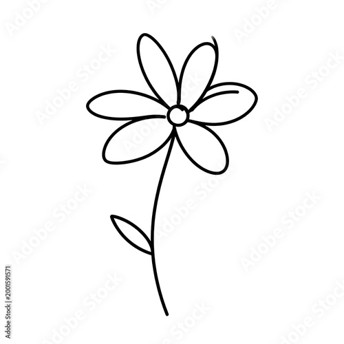 Simple black and white line drawing of a daisy with stem and leaf