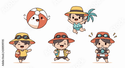 Cartoon children wearing sunhats and sunglasses.