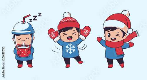 Cartoon children wearing winter clothing.