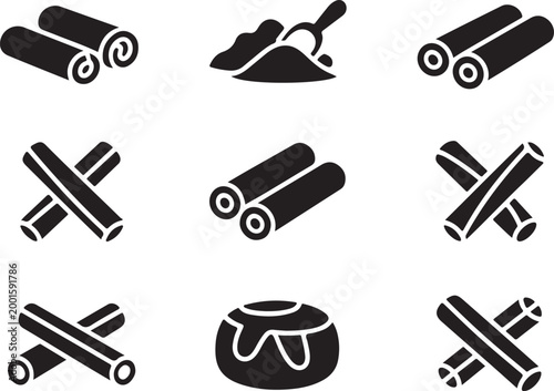 Cinnamon sticks and bun icons representing sweet baking spices and breakfast pastry elements for culinary and food related projects.