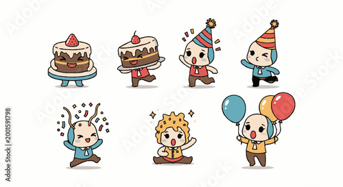 Cartoon clowns in party hats playing.