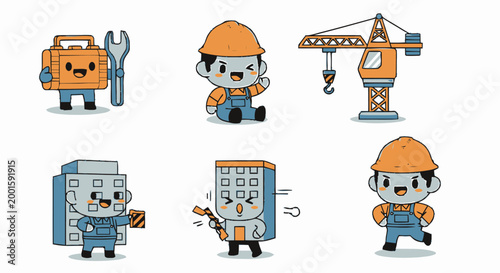 Cartoon construction worker characters.