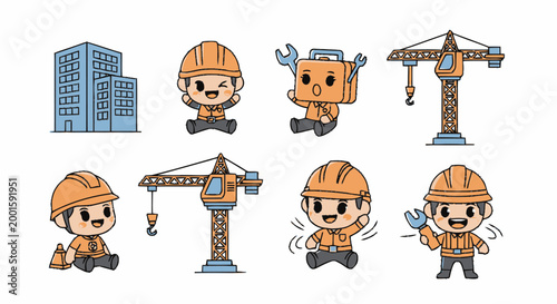 Cartoon construction worker characters.