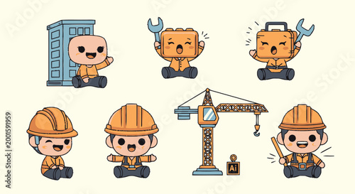 Cartoon construction worker characters.