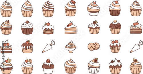 Cupcake and dessert icons set with cakes cookies frosting and sweet bakery treats collection cute hand drawn vector illustration
