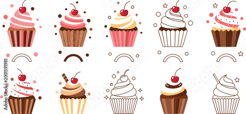 Colorful cupcake set with frosting cherry toppings sweet dessert collection bakery treats cute decorative vector illustration design