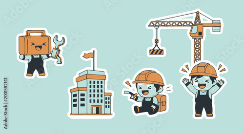Cartoon construction workers with tools.