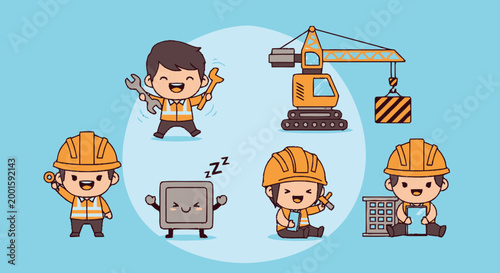 Cartoon construction workers with machines.