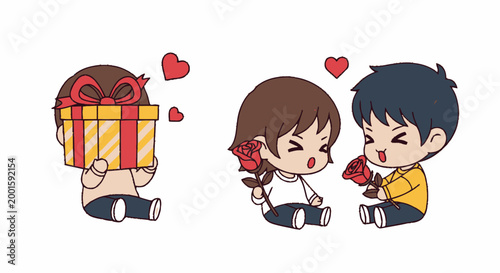 Cartoon couple in love interaction scene.