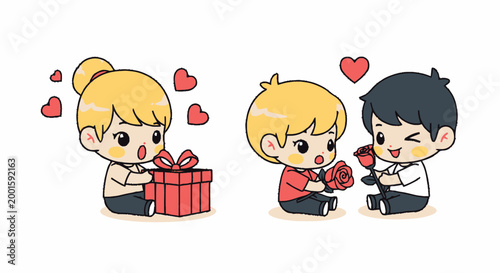 Cartoon couple romantic gift exchange.