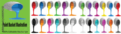 Colorful paint bucket illustration set, 22 editable vector icons of spilling liquid cans, vibrant rainbow paint drips for art and renovation projects