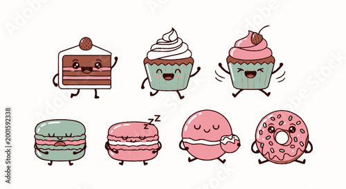 Cartoon dessert characters smiling sweetly together.