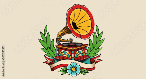 Vintage gramophone tattoo vector illustration, retro phonograph with laurel wreath and ribbon, old school music player emblem with floral elements