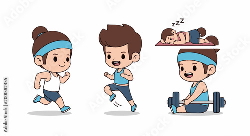 Cartoon man exercising with dumbbells and running.