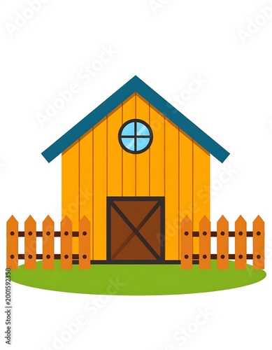 Simple illustration of a yellow barn with a blue roof and picket fence