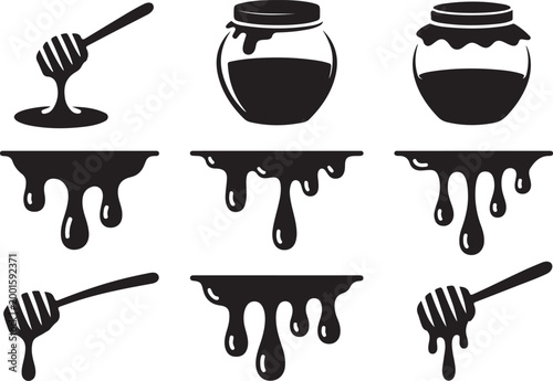 Fotografie Set of honey icons honey jar dipper and dripping honey elements for food and beverage industry