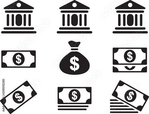 Financial icons set bank building money bag and banknotes for banking and investment related themes.