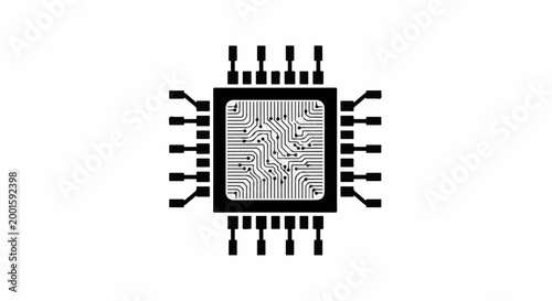 Black integrated circuit chip with numerous pins on white background
