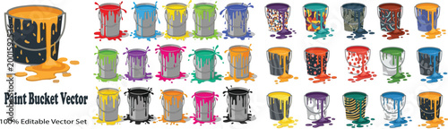 Paint bucket vector set, colorful dripping paint cans with liquid splashes, 25 editable industrial metal buckets for home renovation and art projects