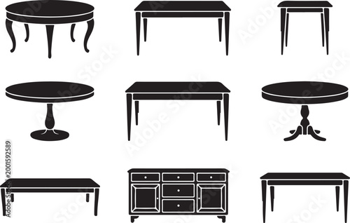 Assortment of tables and furniture including dining, coffee, and console tables for home interiors.