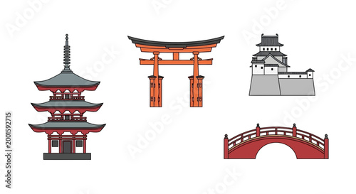 Japanese Cultural Icons: Pagoda, Torii Gate, Castle, Bridge Collection