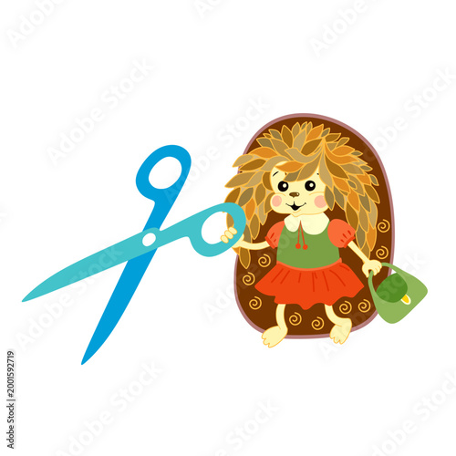Cute hedgehog girl with big scissors. Little tailor on white background.