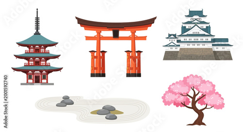 Japanese Culture Icons: Pagoda, Torii Gate, Castle, Zen Garden, Cherry Blossom
