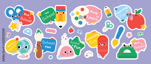 Cute back to school sticker set vector. Colorful kids education doodle labels with scissors, pencil, globe, paint brush, ruler, apple and school supplies.