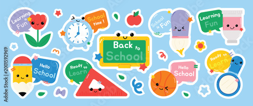Cute back to school sticker set vector. Colorful kids education doodle labels with blackboard, pencil, ruler, clock, apple, paint brush, glue and basketball.