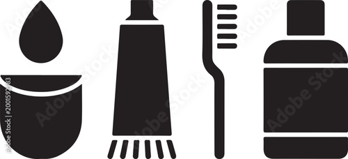 Dental hygiene icons set with toothpaste brush and mouthwash isolated on transparent background health care flat vector graphics.