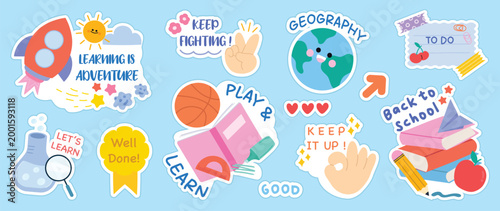 Cute back to school study sticker set vector. Pastel kids education doodle labels with backpack, globe, chalkboard, notebook, clock, pencil, cap and classroom supplies.