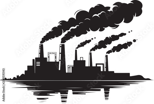 Factory polluting environment with thick black smoke emissions from chimneys isolated on transparent background industrial smog.