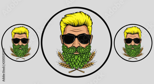 Craft beer mascot logo with bearded man, hipster man with hop beard and sunglasses vector, brewery character with wheat and hops