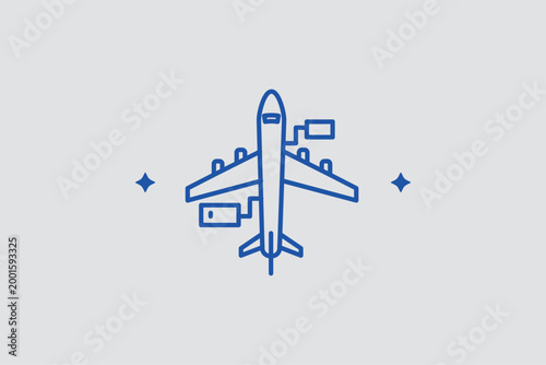 Airplane top view line icon for flight path planning and aircraft parking layout. Schematic vector illustration for air traffic control simulations and airline fleet management software.